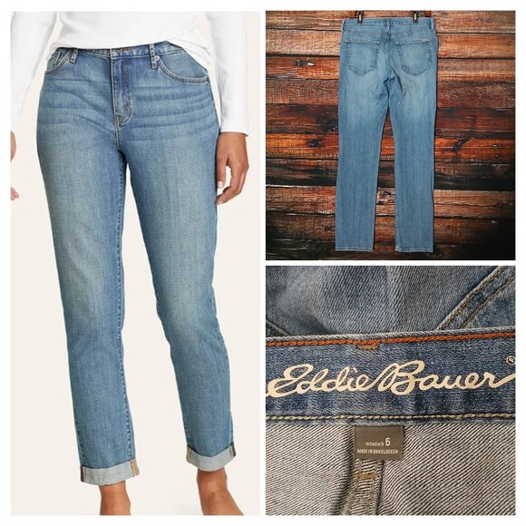 Eddie Bauer Jeans Size 6 Boyfriend Mid Rise Washed Indigo Blue Denim Stretch - Picture 1 of 12